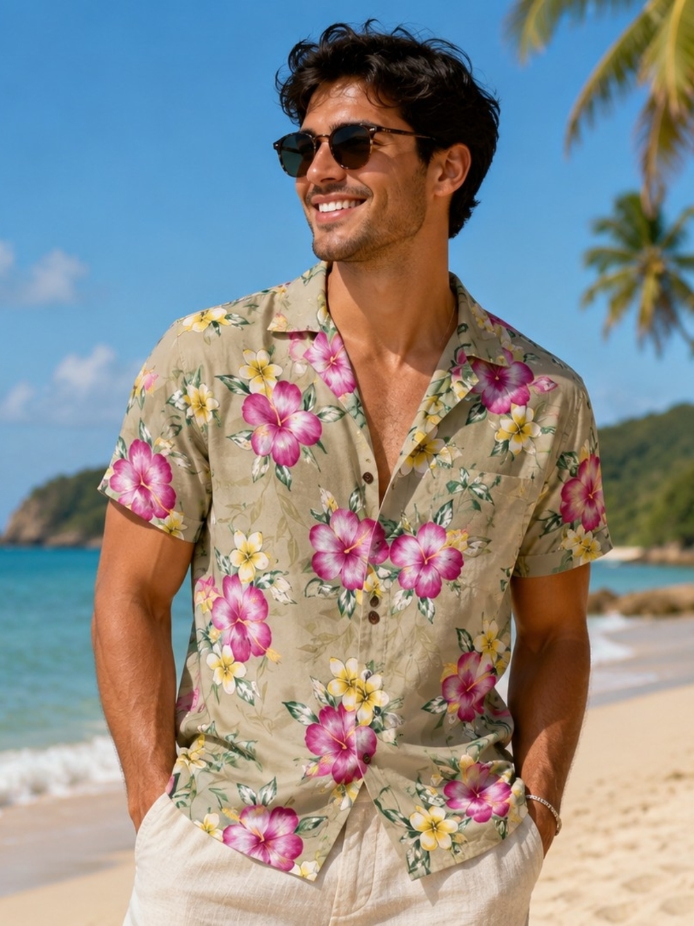 Beige Floral Short-Sleeve Button-Down Shirt - Pink & Yellow Flowers